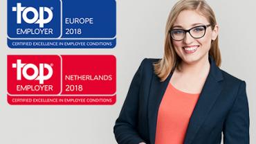 Person smiling with Top Employer Europe 2018 and Netherlands 2018 awards.